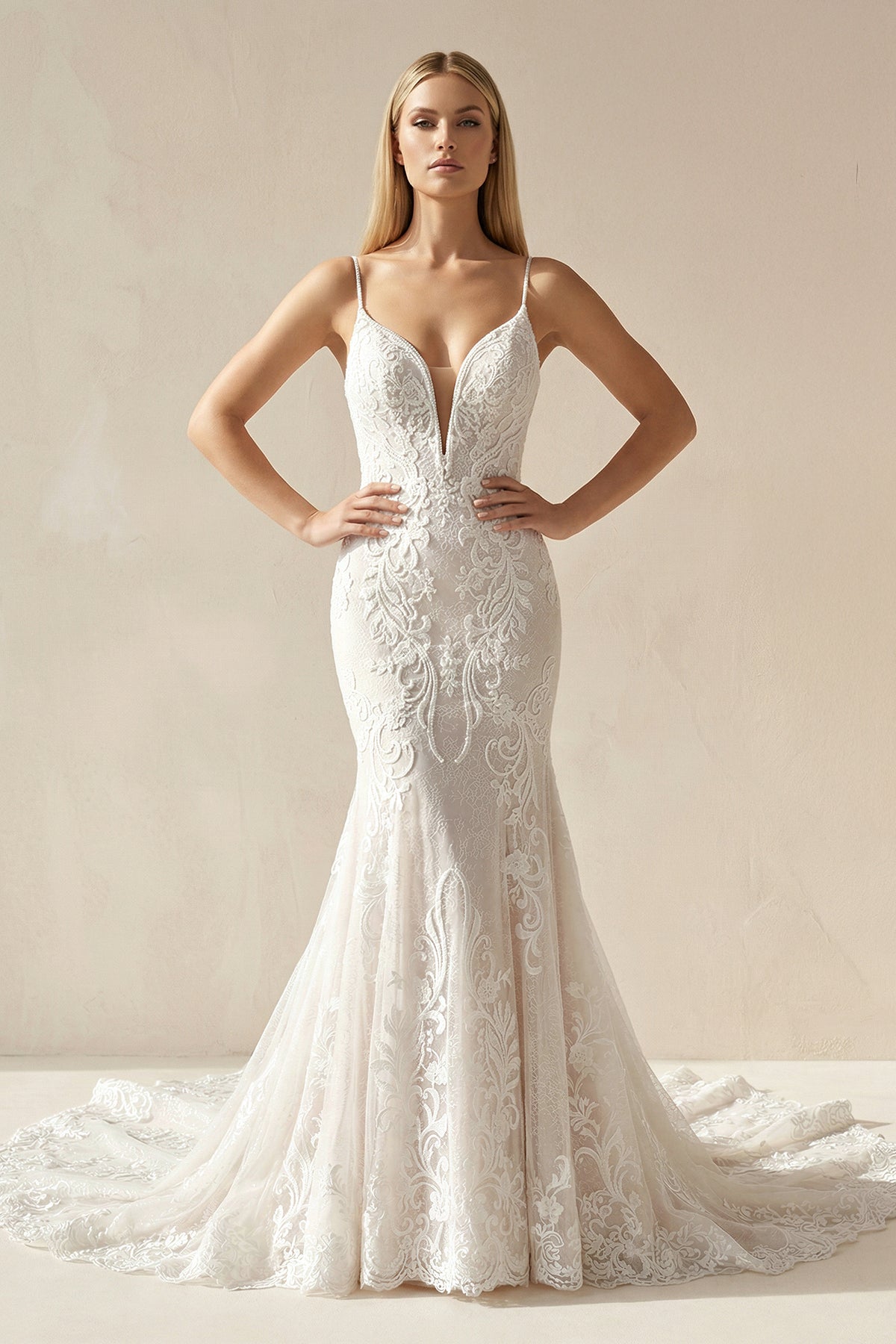 Ivory Mermaid Spaghetti Straps Backless Long Lace Wedding Dresses