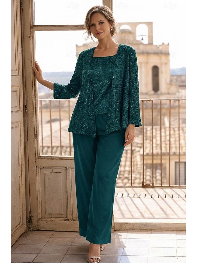 3 piece jumpsuit pantsuit floor-length mother of the bride dress wedding guest dress scoop neck sleeveless chiffon lace elegant, supplier image 26