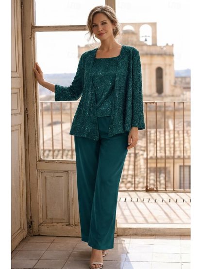 3 Piece Jumpsuit Pantsuit Floor-Length Mother of the Bride Dress Wedding Guest Dress Scoop Neck Sleeveless Chiffon Lace Elegant