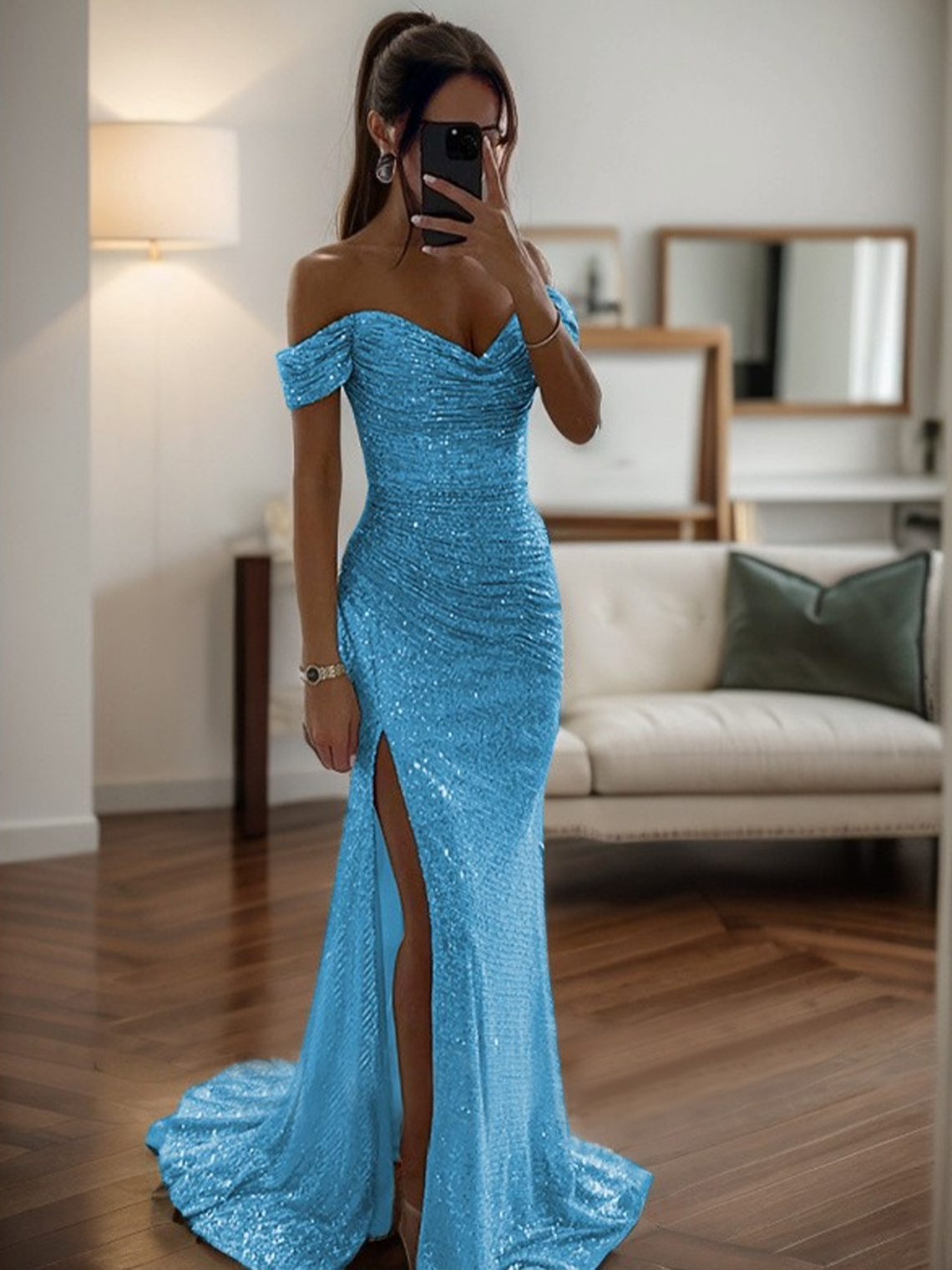 Mermaid Off-the-Shoulde Ruched Sleeveless Sweep Train Prom Dress