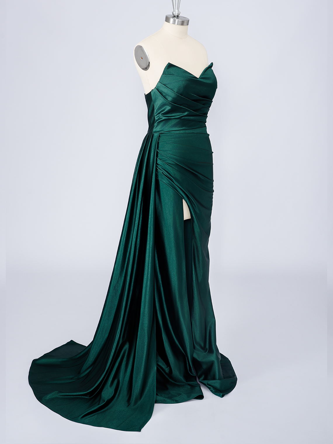 Dark Green Mermaid Satin Strapless With High Split Long Prom Dress 