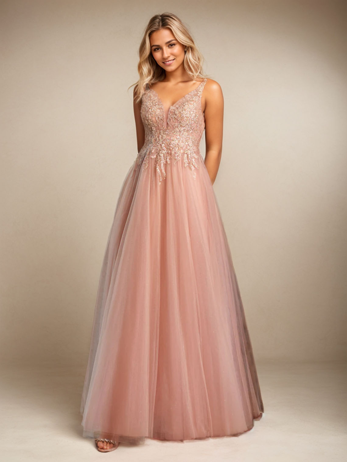 Peach Pink  A-line Tulle Sleeveless Applique With Split Prom Dress