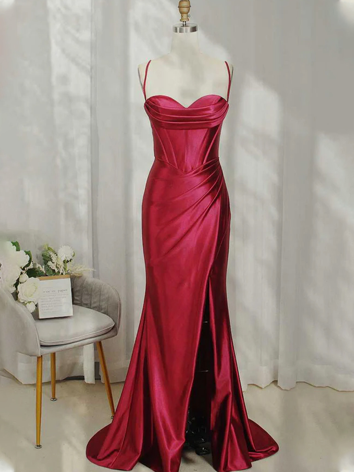 Mermaid Spaghetti Straps Satin Sweep Train with High Slit Prom Dress