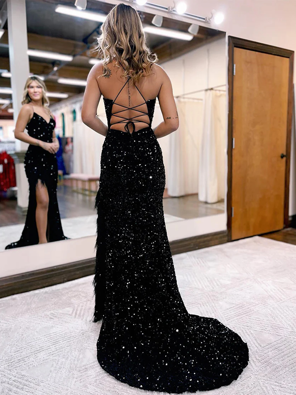 Mermaid Sequin V-neck Side Slit  Lace Up with Feather Prom Dress 