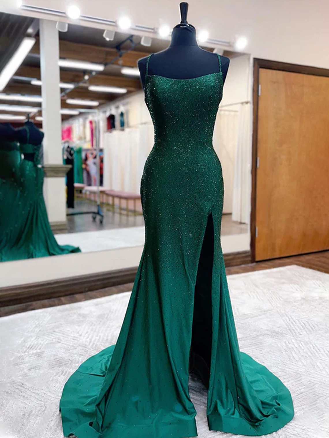 Mermaid Spaghettti Strap Sweep Train Beaded Satin Slit Prom Dress