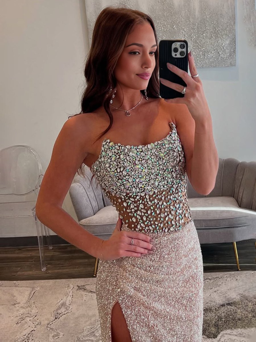 Mermaid Champagne Strapless Sequins Long Prom Dresses with Slit Evening Dresses, product image 2