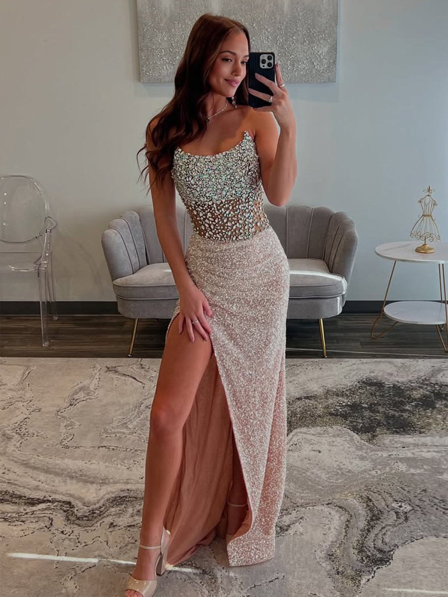 Mermaid Champagne Strapless Sequins Long Prom Dresses with Slit Evening Dresses, product image 1