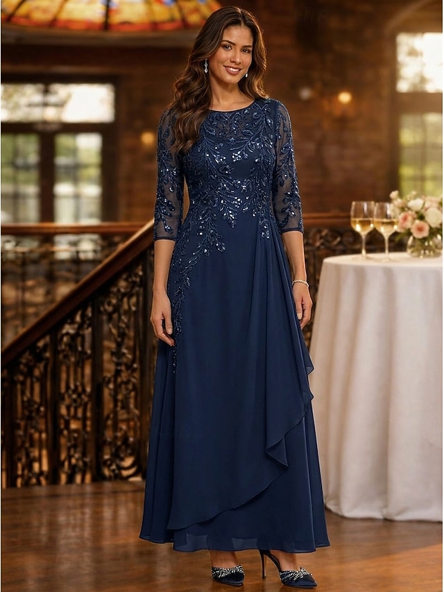 a-line mother of the bride dresses floor length chiffon tulle with sequin 3/4 length sleeve elegant, supplier image 4