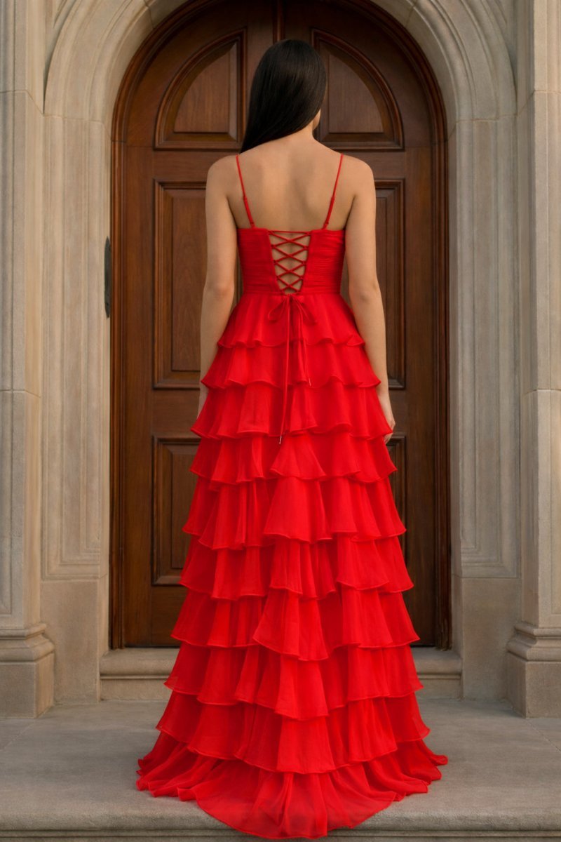 A Line Spaghetti Straps Yellow Long Prom Dresses with Ruffles Evening Dresses, product image 30