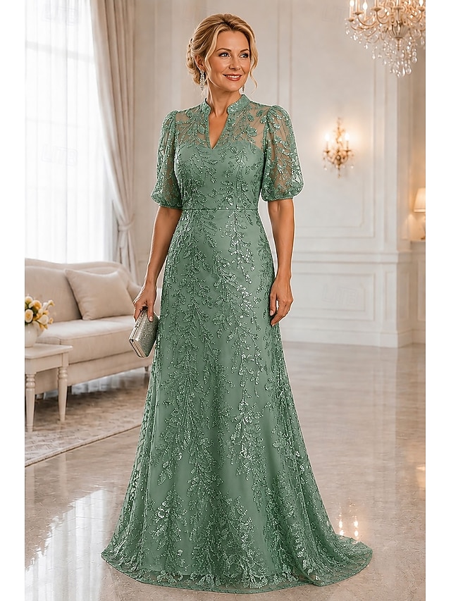 a-line floor length mother of the bride dresses short sleeve high neck v neck elegant luxurious sparkle & shine lace with beading, supplier image 1