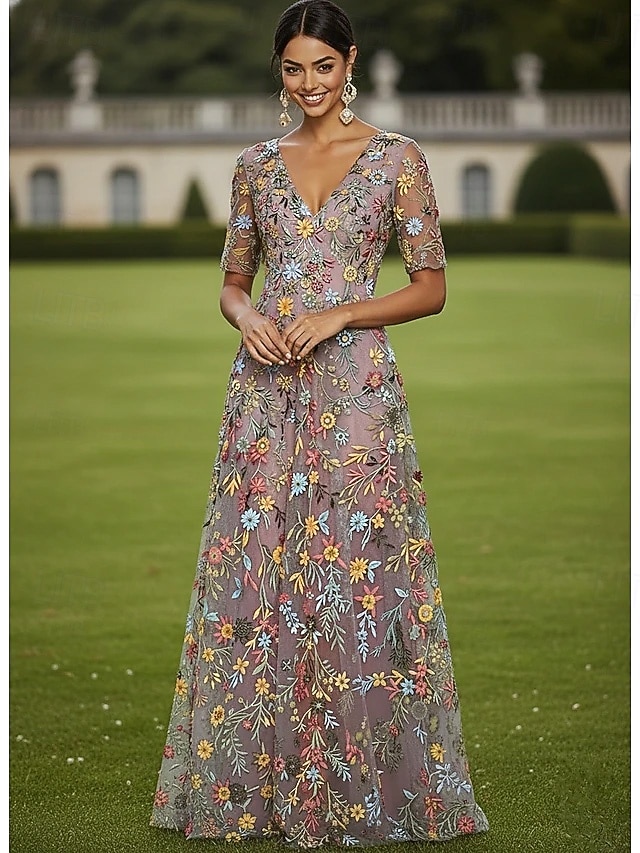 a-line floor length mother of the bride dresses cocktail dresses party dresses half sleeve plunging neck elegant vintage luxurious tulle, supplier image 1