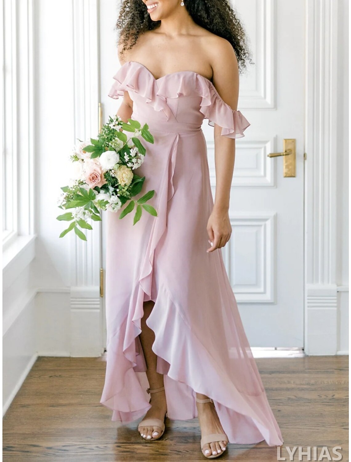 Blushing Pink Chiffon A-Line High-Low Bridesmaid Dresses with Off-the-Shoulder Neckline