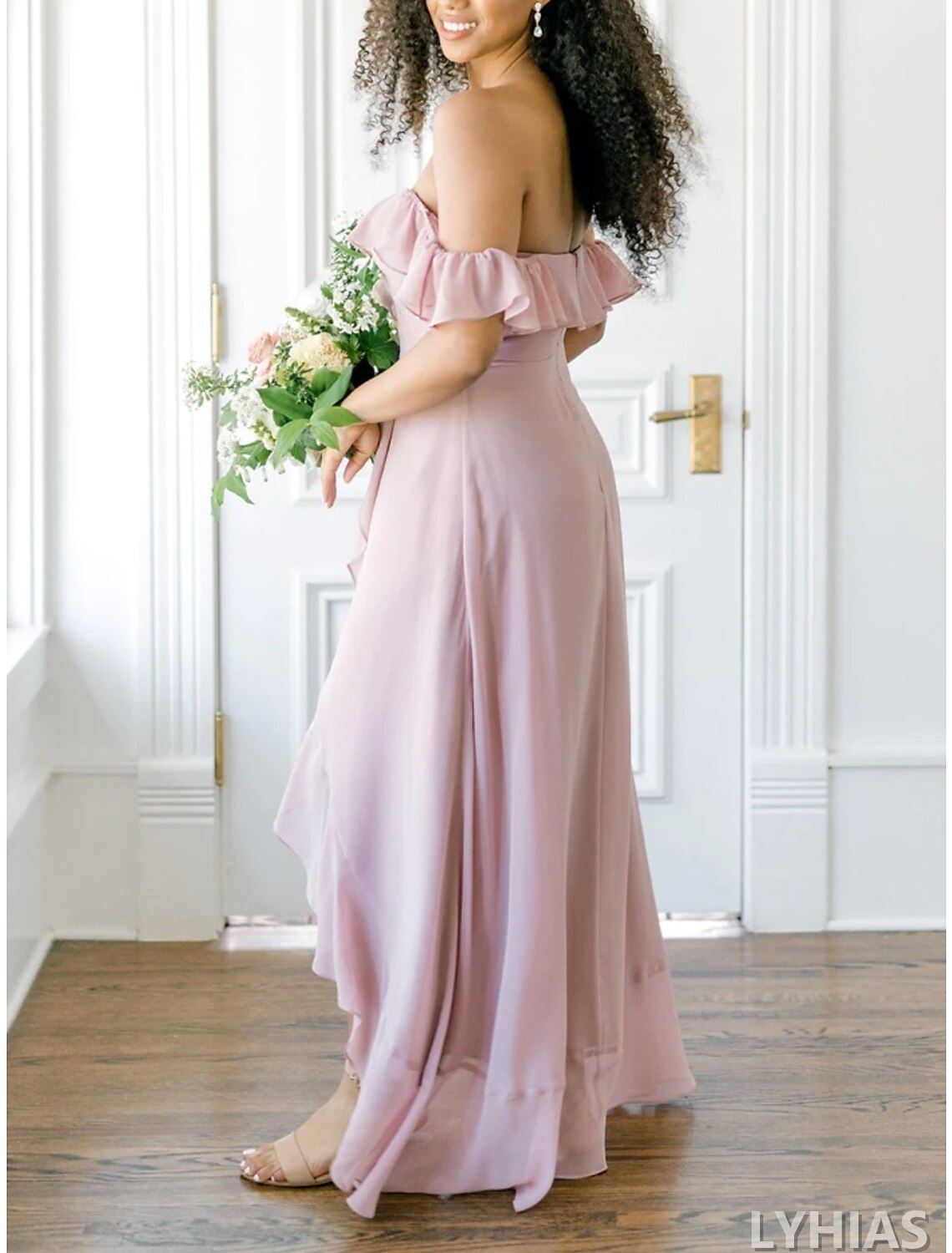 Blushing Pink Chiffon A-Line High-Low Bridesmaid Dresses with Off-the-Shoulder Neckline