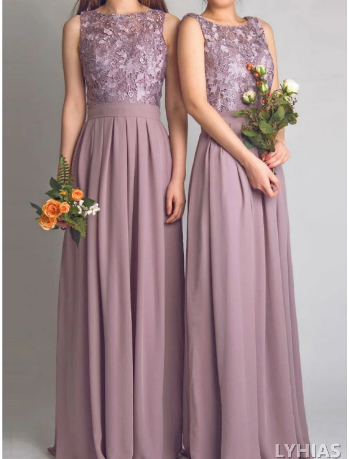 Mauve Lace Bodice Chiffon A-Line Floor-Length Bridesmaid Dresses