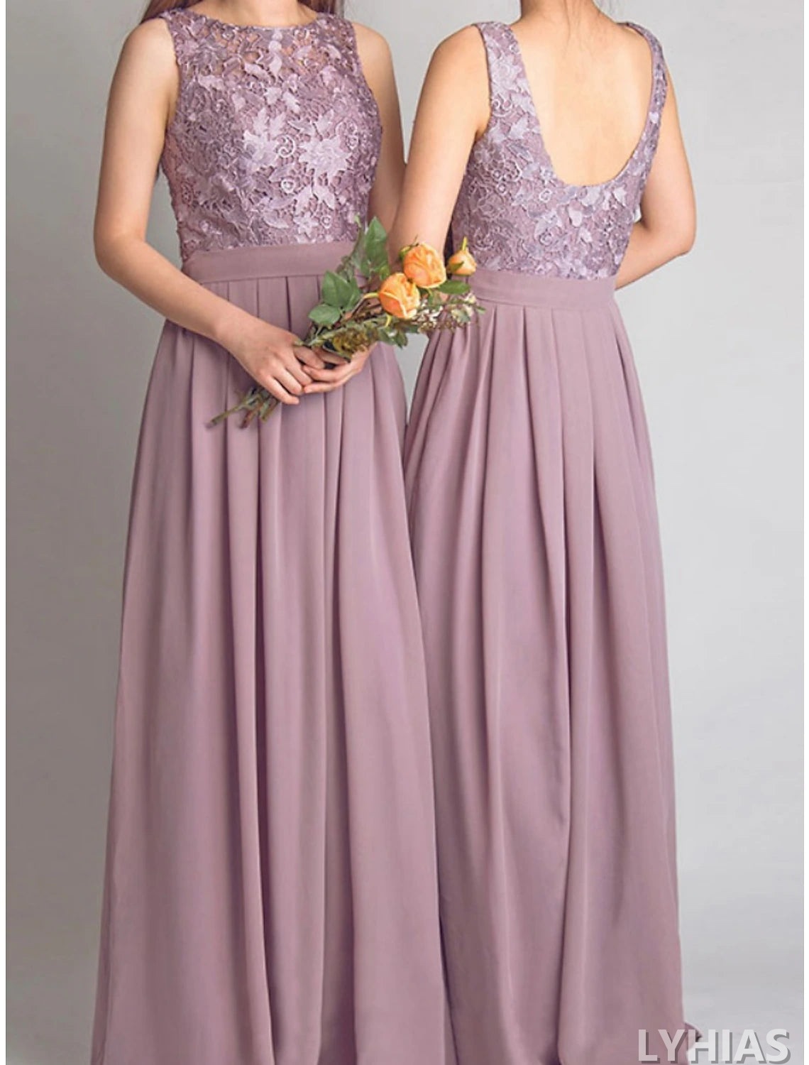 Mauve Lace Bodice Chiffon A-Line Floor-Length Bridesmaid Dresses