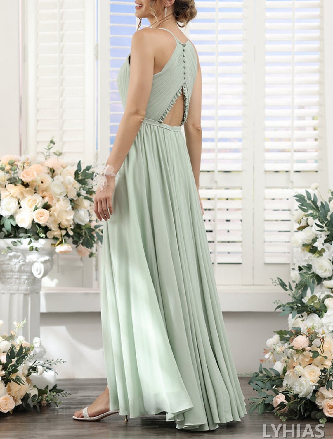 Sage Green Chiffon A-Line Halter neckline Floor-Length Bridesmaid Dresses