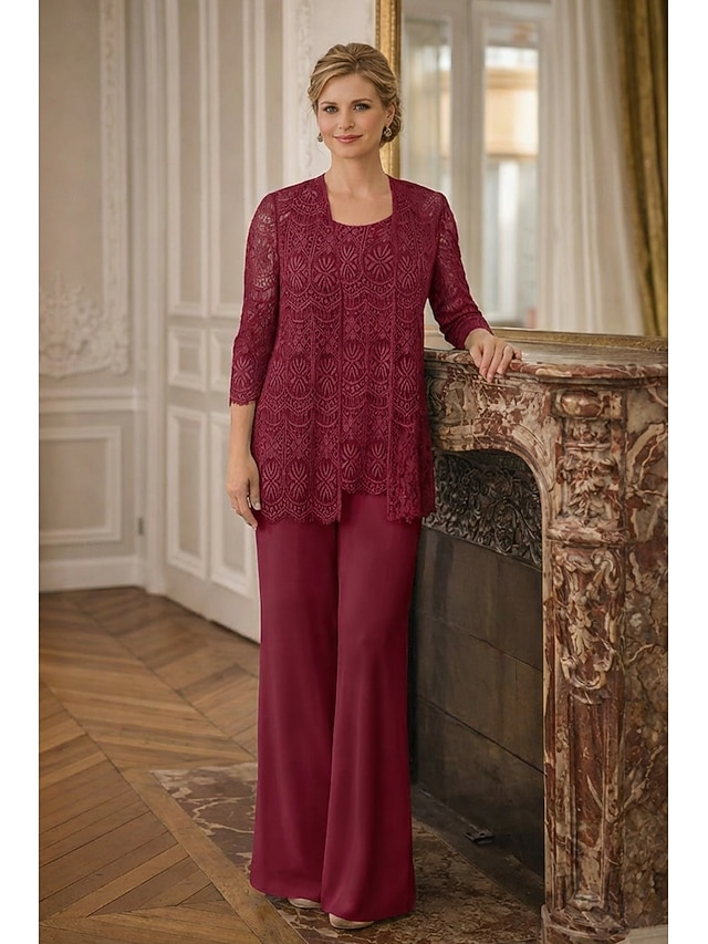 3 piece jumpsuit pantsuit floor-length mother of the bride dress wedding guest dress formal dress jewel neck sleeveless chiffon lace elegant, supplier image 10
