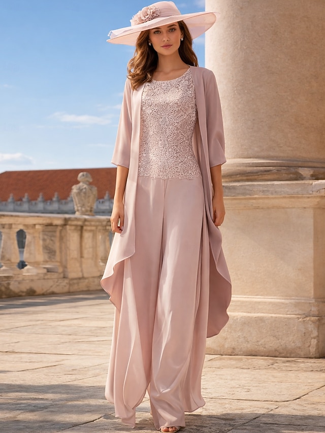 3 piece jumpsuit pantsuit mother of the bride dresses floor length chiffon lace with appliques, supplier image 1