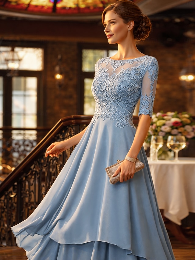 a-line asymmetrical mother of the bride dresses wedding guest dresses cocktail dresses party dresses half sleeve crew neck elegant simple lace, supplier image 2