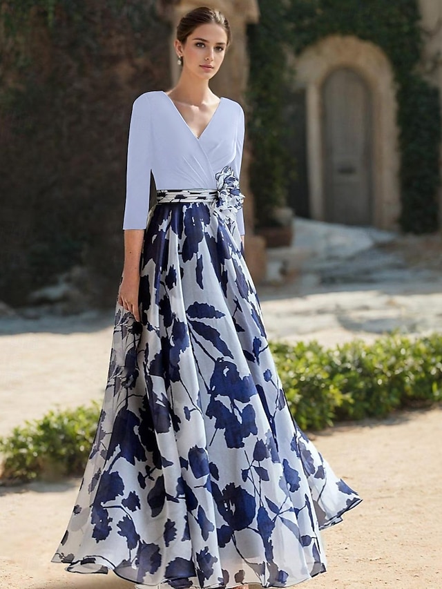 a-line floor-length mother of the bride dress wedding guest dress evening gown v-neck 3/4 sleeves chiffon elegant, supplier image 7