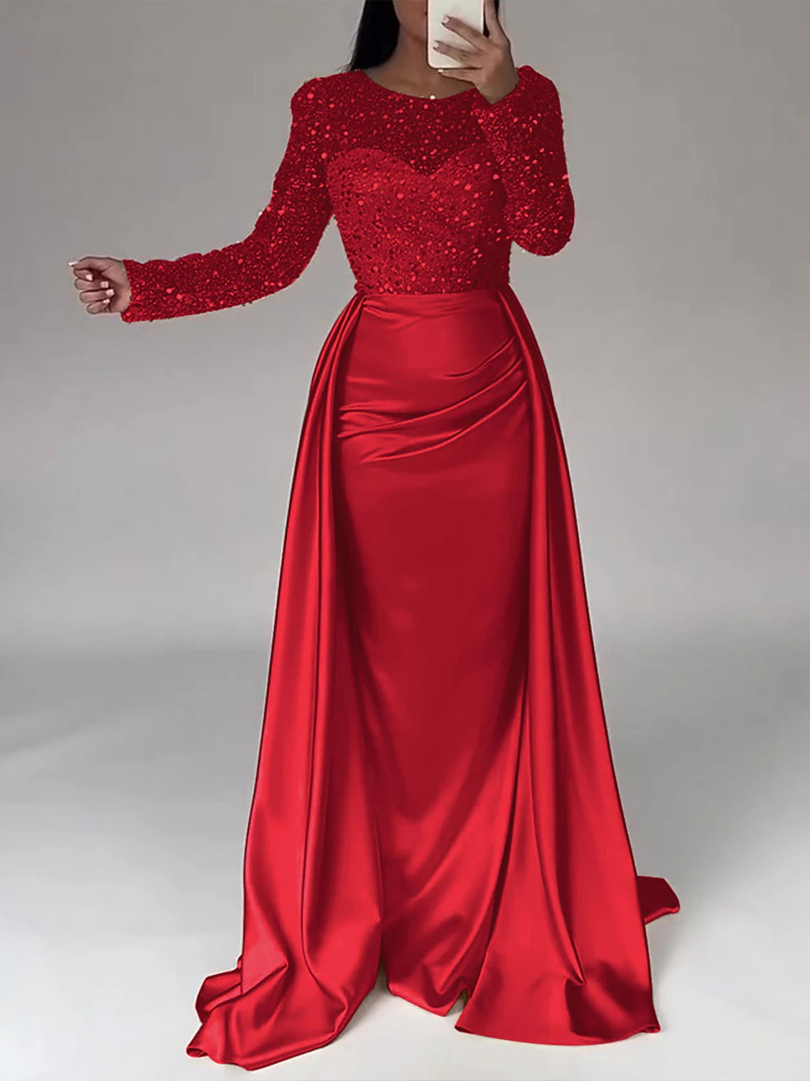 Mermaid Sequin Satin Long Sleeves with Pearls Long Evening Dress