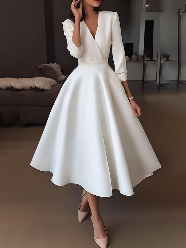 a-line tea-length little white dress wedding dress v-neck half sleeves satin, supplier image 1