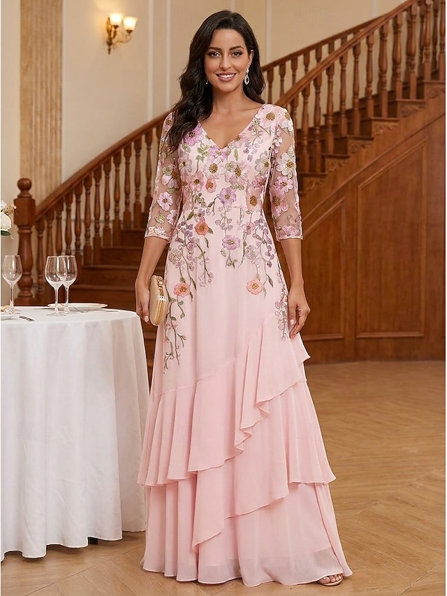 A-Line Mother of the Bride Dresses Floor Length Chiffon Lace with 3D Flowers 3/4 Length Sleeve