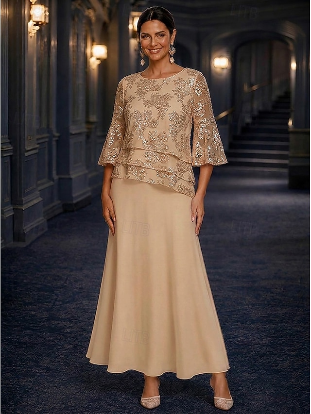 a-line mother of the bride dresses ankle length chiffon lace with sequin 3/4 length sleeve crew neck, supplier image 7