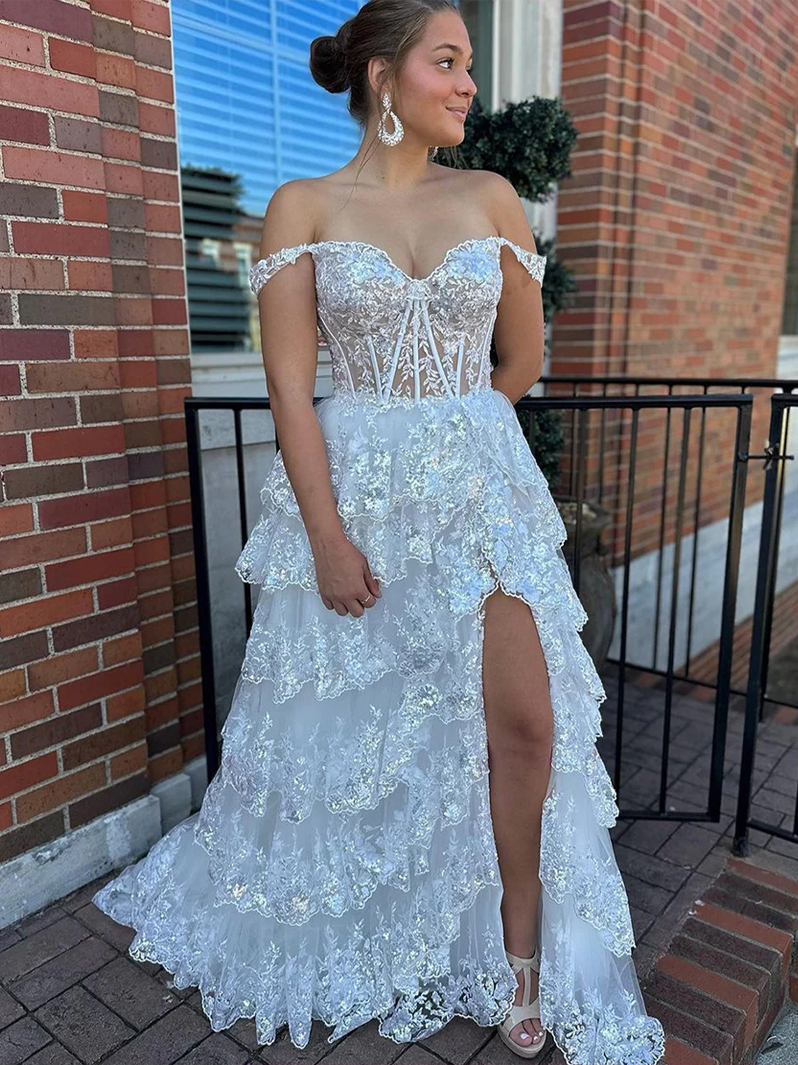 A Line Off the Shoulder with Appliques Long Prom Dress