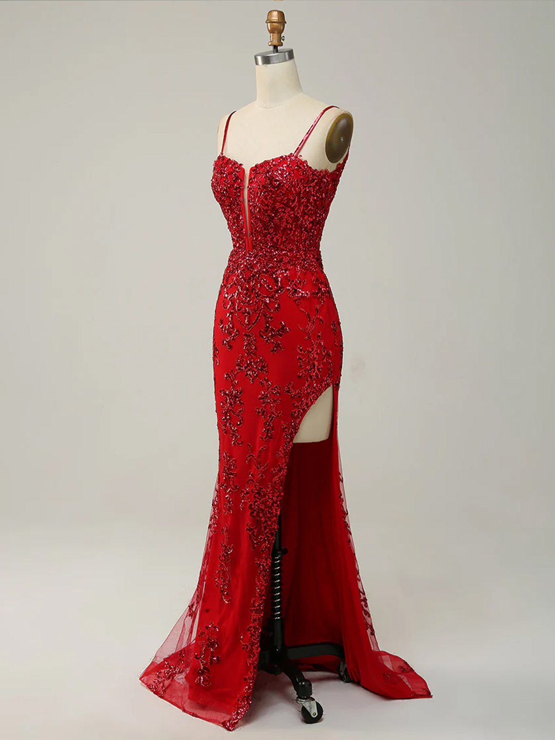 Sheath Tulle Straps Side Slit with Appliques Long Prom Dress