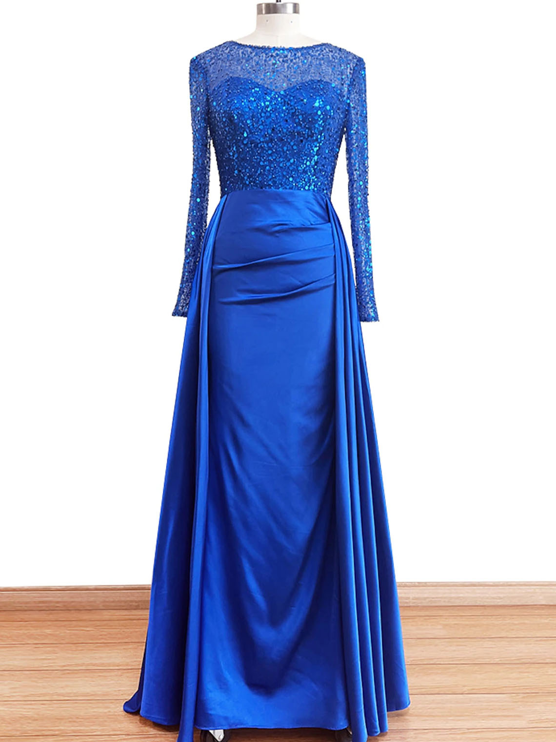Mermaid Sequin Satin Long Sleeves with Pearls Long Evening Dress