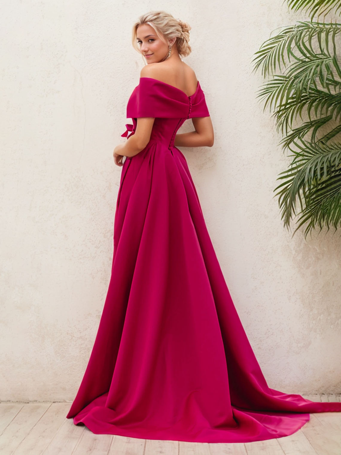 Fuchsia Satin A Line Off Shoulder Sleeveless with Slit Evening Dress
