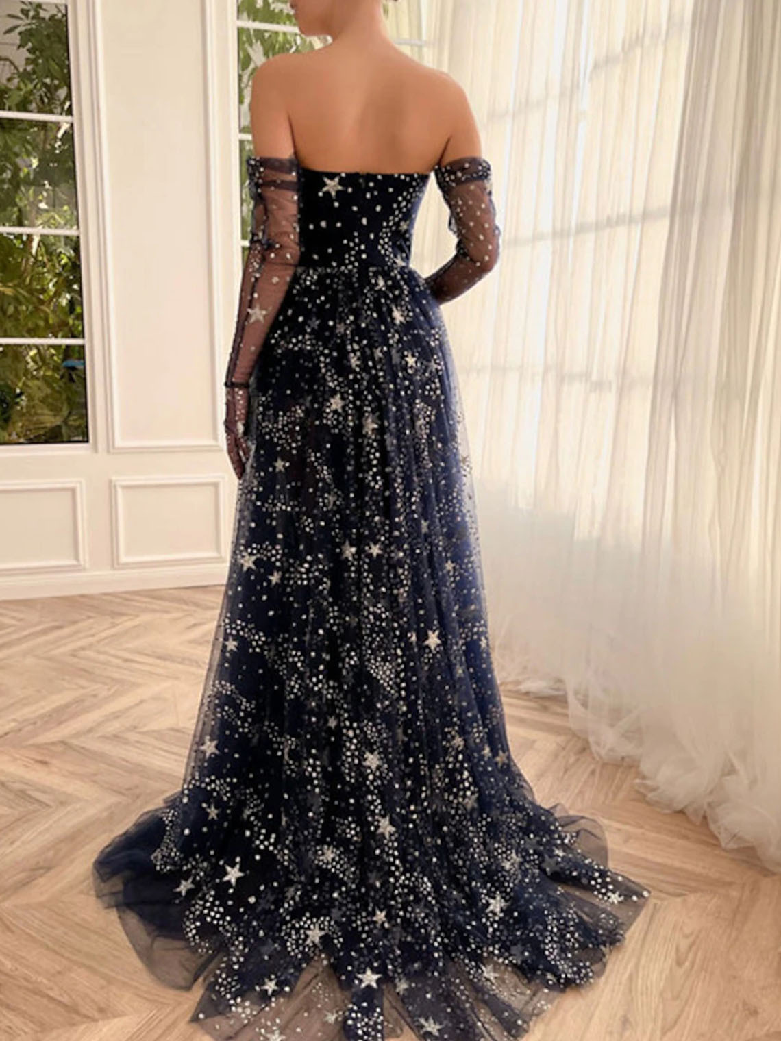 Sparkle A Line Tulle Strapless Long Sleeve with Sequin Slit Prom Dress