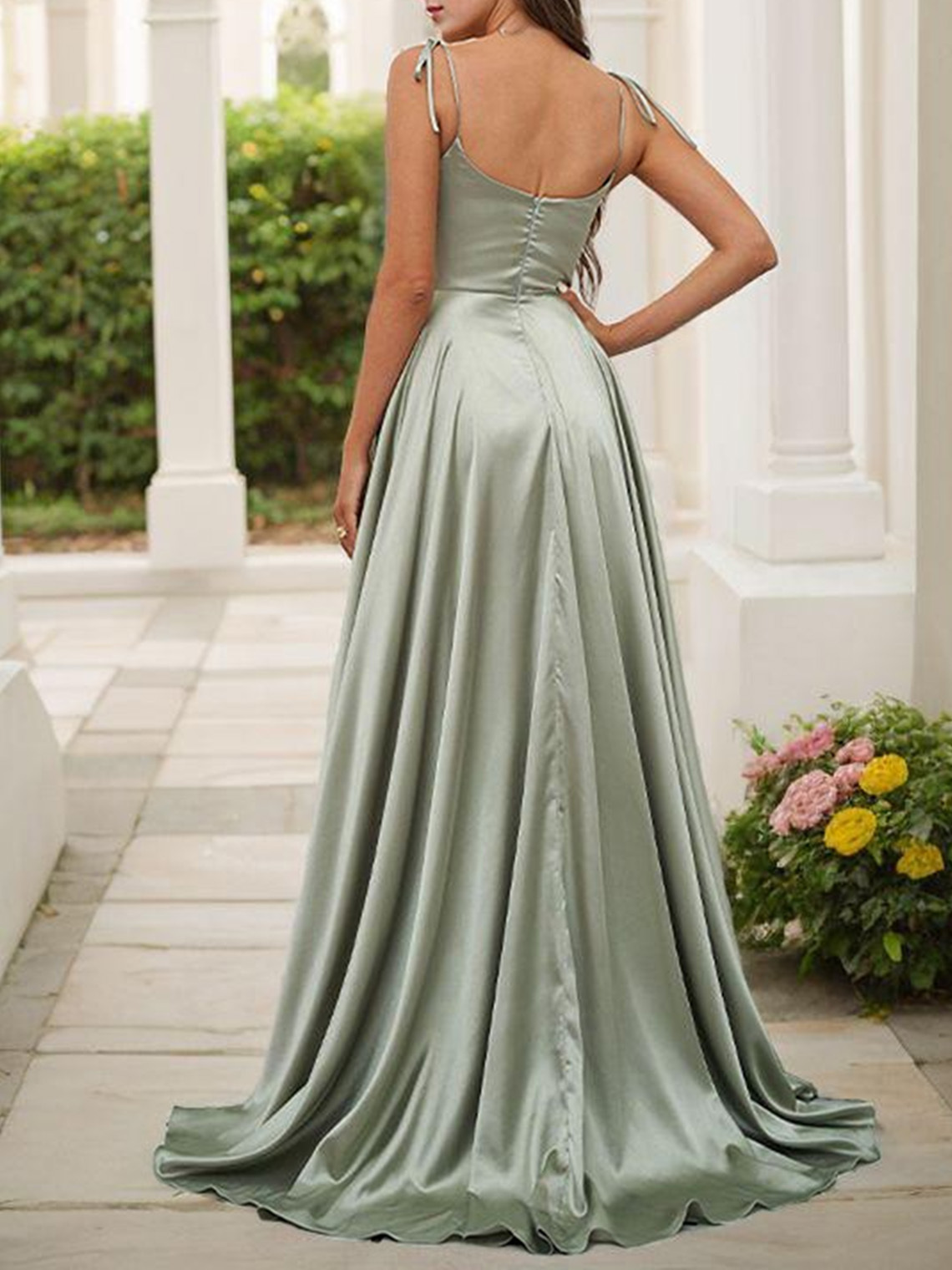 A Line Silk Like Satin Spaghetti Sleeveless Long Bridesmaid Dresses