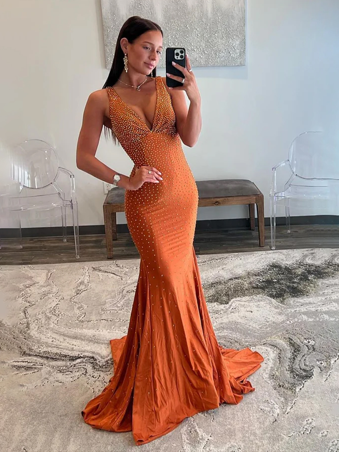 Mermaid Satin Deep V-Neck Floor length Beaded Long Prom Dress