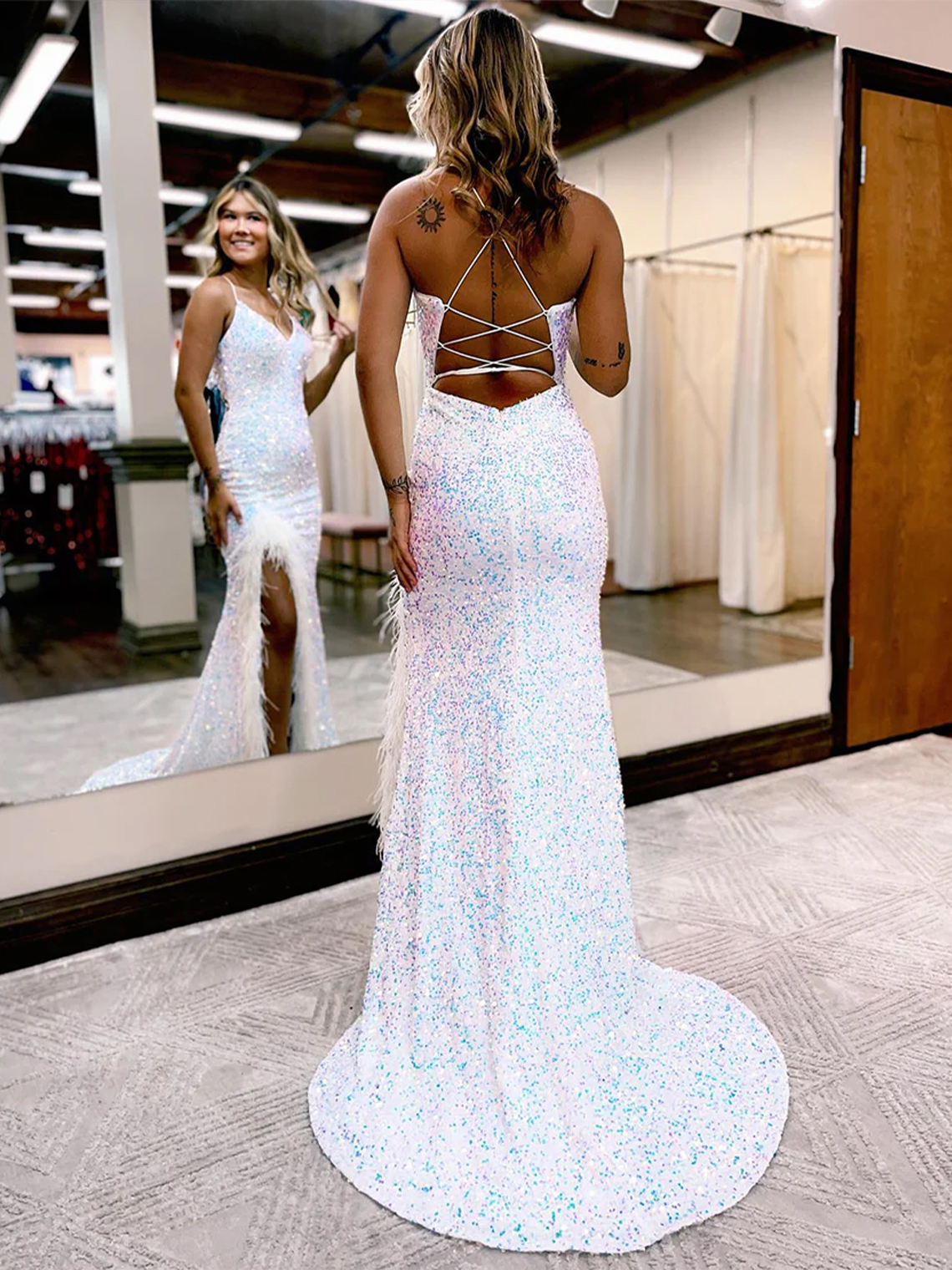 Mermaid Sequin V-neck Side Slit  Lace Up with Feather Prom Dress 