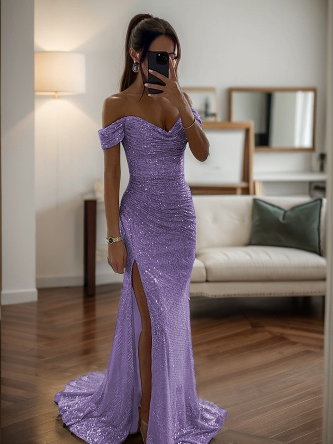 Mermaid Off-the-Shoulde Ruched Sleeveless Sweep Train Prom Dress