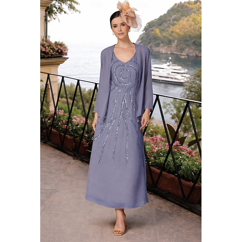Two Piece Sheath Column Ankle Length Beaded Eembroidered Wedding Guest Dress Formal Dresses Mother of the Bride Dress