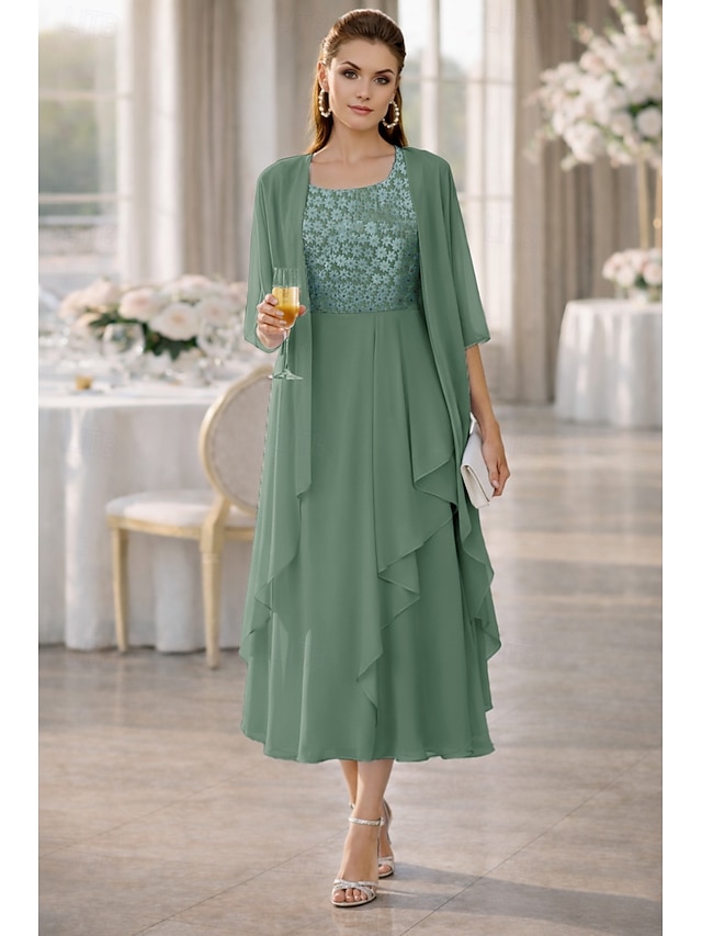 two piece a-line mother of the bride dresses wedding guest dresses tea length chiffon half sleeve, supplier image 6