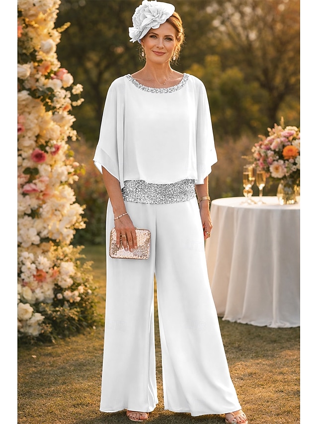 two piece pantsuit mother of the bride dresses floor length chiffon with sequin half sleeve elegant, supplier image 9