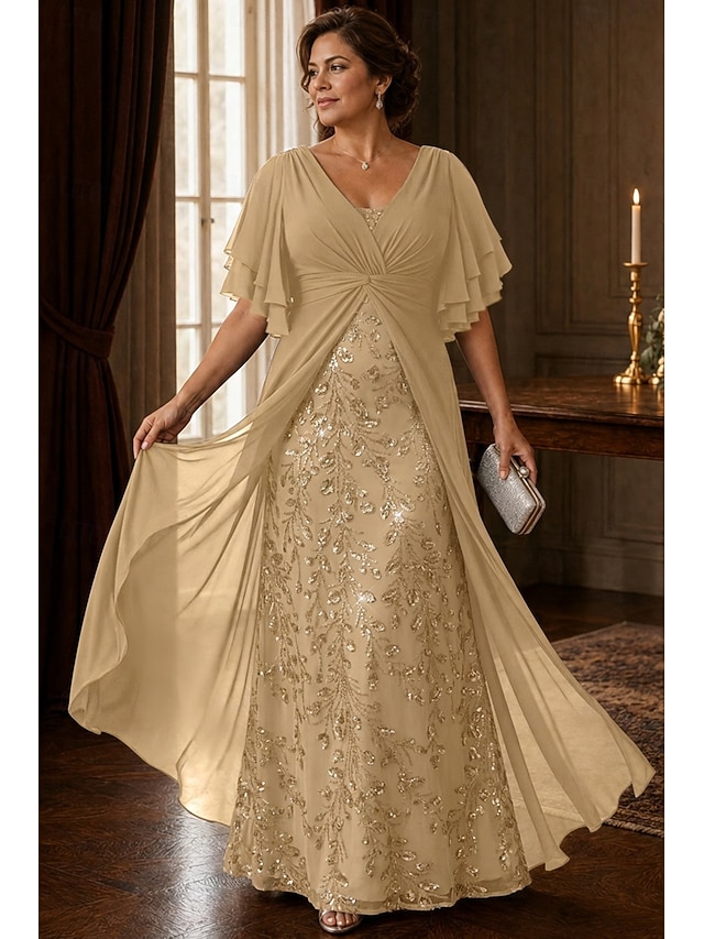 a-line mother of the bride dresses floor length chiffon tulle with beading short sleeve v neck, supplier image 1