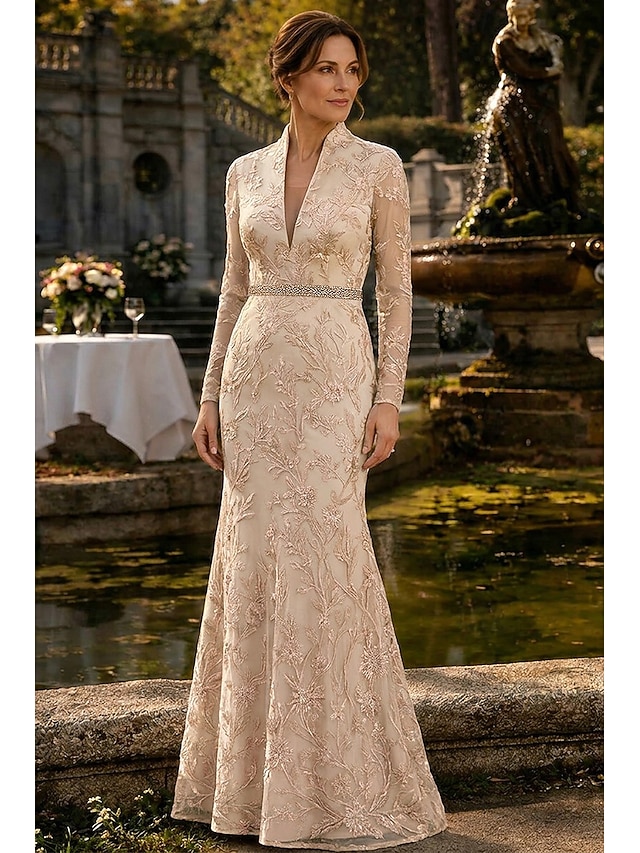 mermaid trumpet mother of the bride dresses floor length lace long sleeve v neck elegant luxurious, supplier image 8