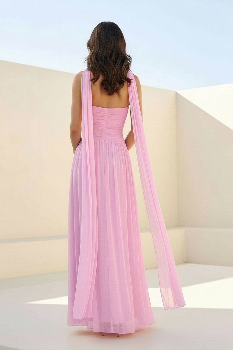Pink Strapless A Line Chiffon Pleated Long Prom Dresses Evening Dresses, product image 4