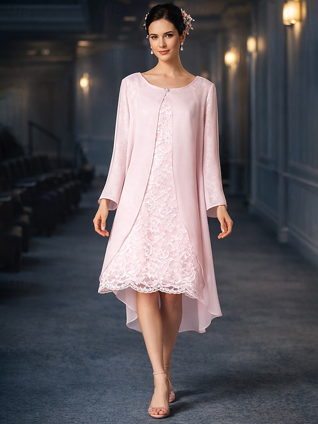two piece a-line mother of the bride dresses wedding guest dresses tea length chiffon lace elegant, supplier image 1