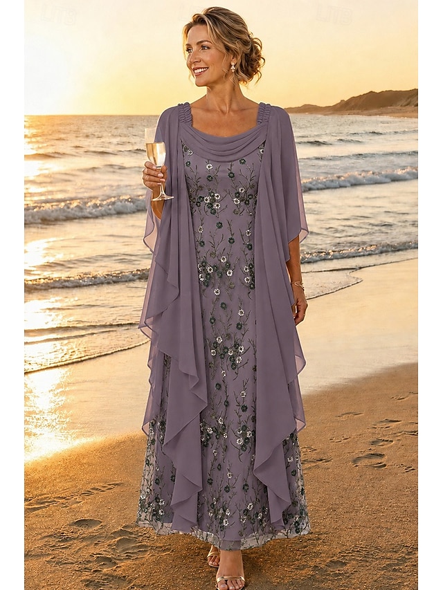 a-line mother of the bride dresses ankle length chiffon lace with beading 3/4 length sleeve elegant, supplier image 11