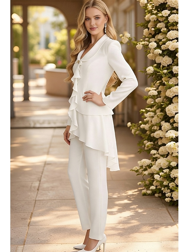 two piece jumpsuit pantsuit mother of the bride dresses floor length chiffon with ruffles v neck, supplier image 4