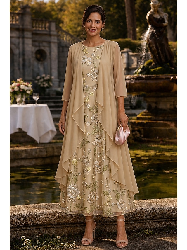 two piece a-line mother of the bride dresses ankle length lace with ruffles 3/4 length sleeve simple, supplier image 5