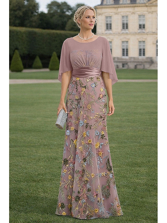 a-line mother of the bride dresses cocktail dresses floor length lace with 3d flowers short sleeve, supplier image 1