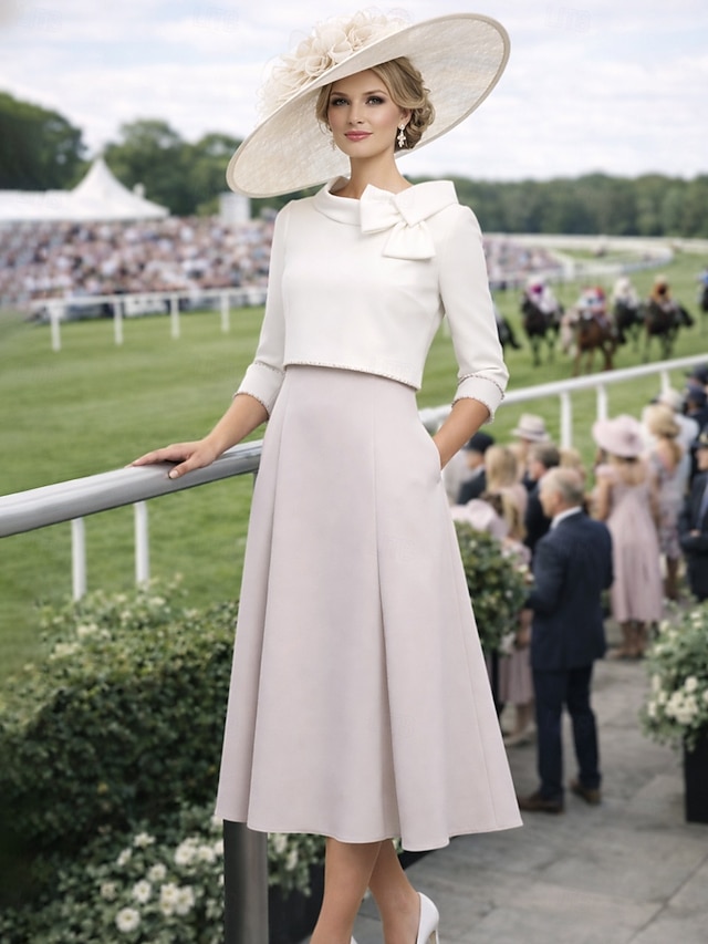 two piece ankle-length mother of the bride dress wedding guest dress jewel neck 3/4 sleeves satin elegant, supplier image 1