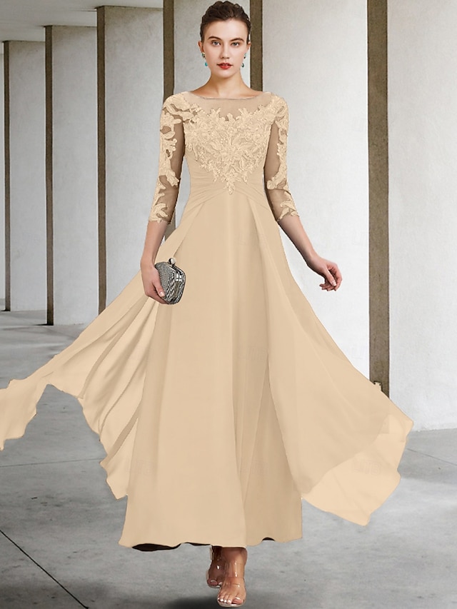 a-line ankle-length mother of the bride dress wedding guest dress cocktail dress jewel neck 3/4 sleeves chiffon lace elegant, supplier image 19